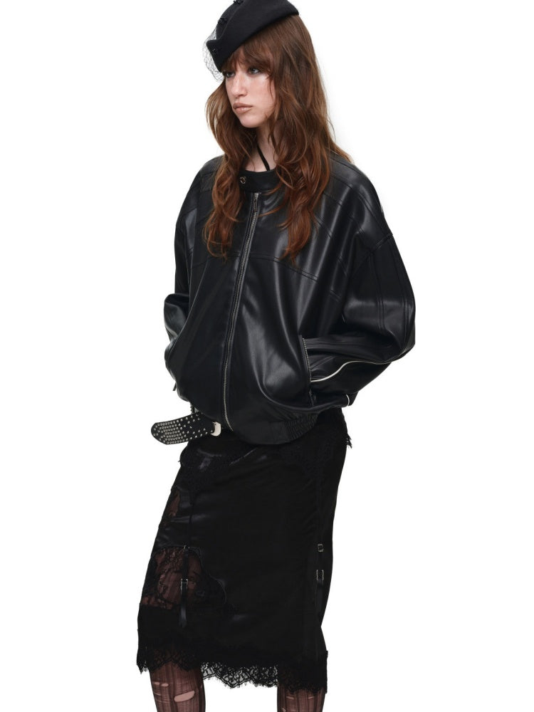 High-End Casual Relaxed Loose Color-Blocked Biker PU Leather Short Black Jacket【s0000018136】