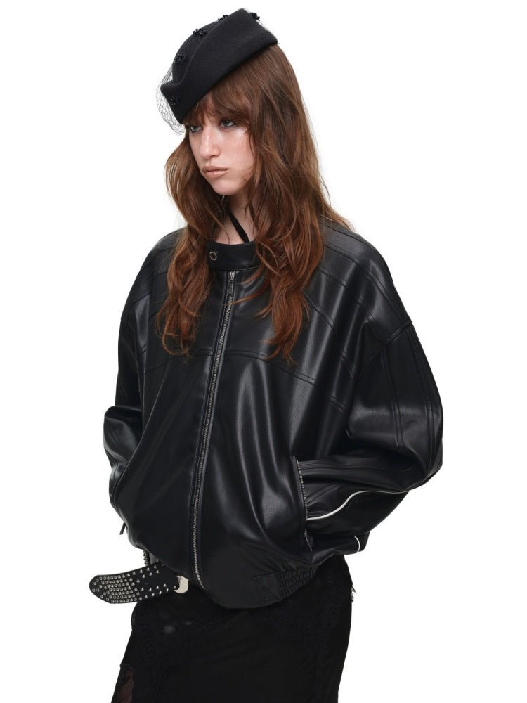 High-End Casual Relaxed Loose Color-Blocked Biker PU Leather Short Black Jacket【s0000018136】