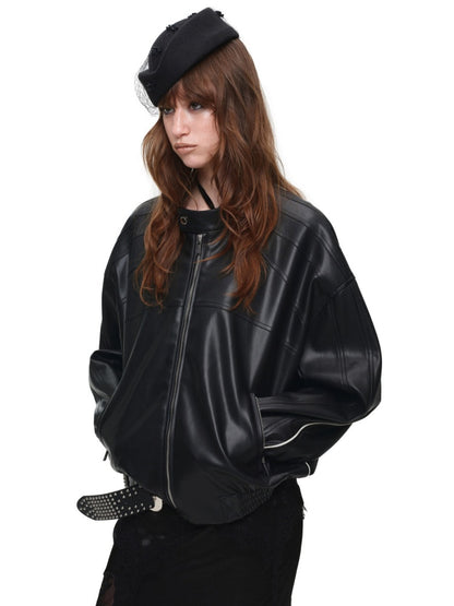 High-End Casual Relaxed Loose Color-Blocked Biker PU Leather Short Black Jacket【s0000018136】