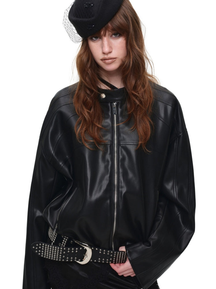High-End Casual Relaxed Loose Color-Blocked Biker PU Leather Short Black Jacket【s0000018136】