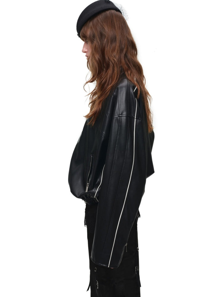 High-End Casual Relaxed Loose Color-Blocked Biker PU Leather Short Black Jacket【s0000018136】