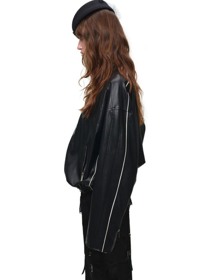 High-End Casual Relaxed Loose Color-Blocked Biker PU Leather Short Black Jacket【s0000018136】