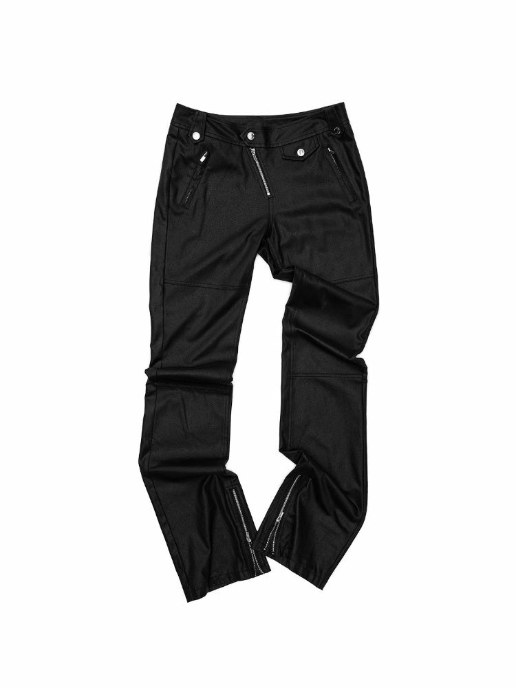 Vintage Distressed Washed Flared Slim Leather Straight-Leg Long Pants【s0000018137】