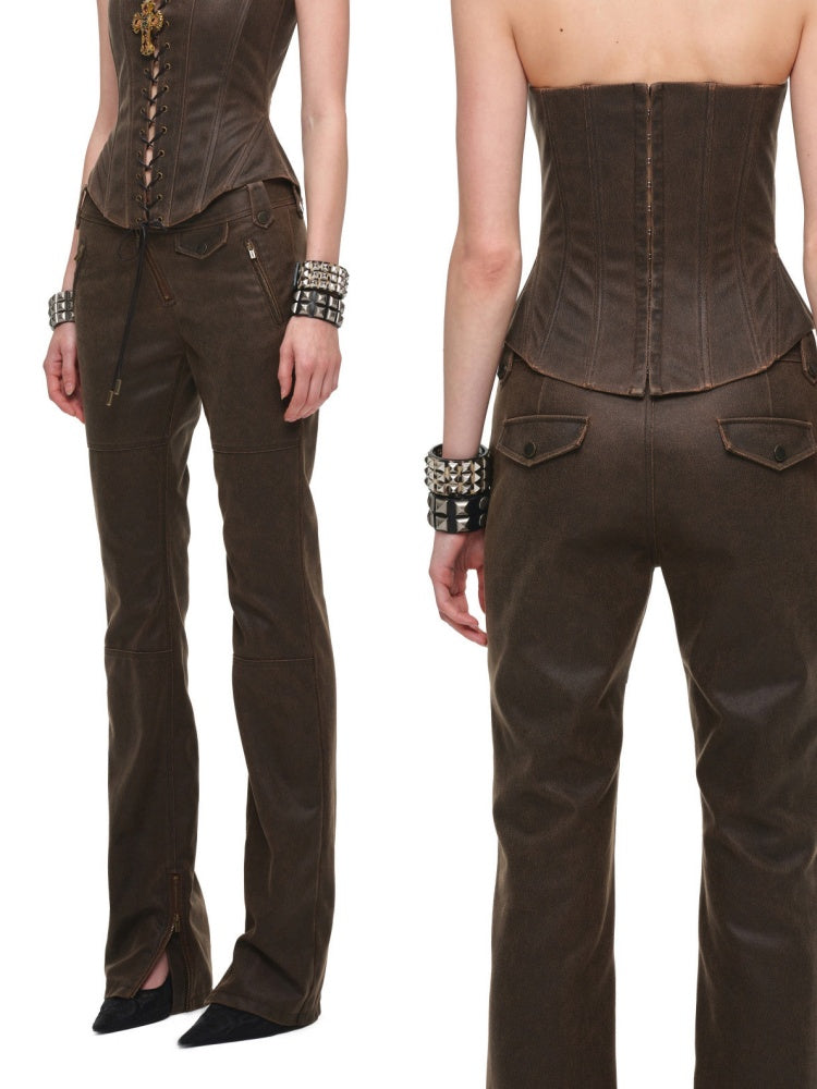 Vintage Distressed Washed Flared Slim Leather Straight-Leg Long Pants【s0000018137】