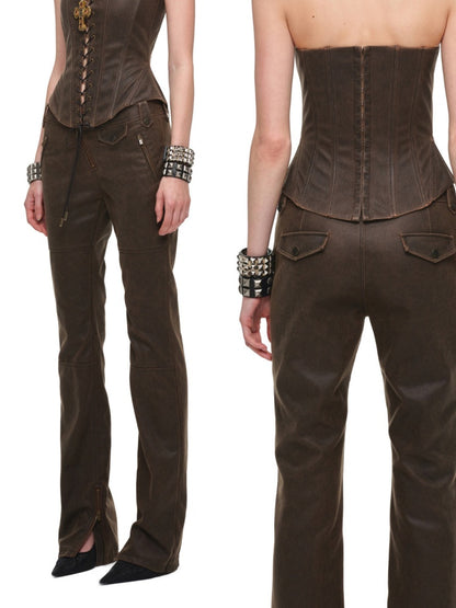 Vintage Distressed Washed Flared Slim Leather Straight-Leg Long Pants【s0000018137】
