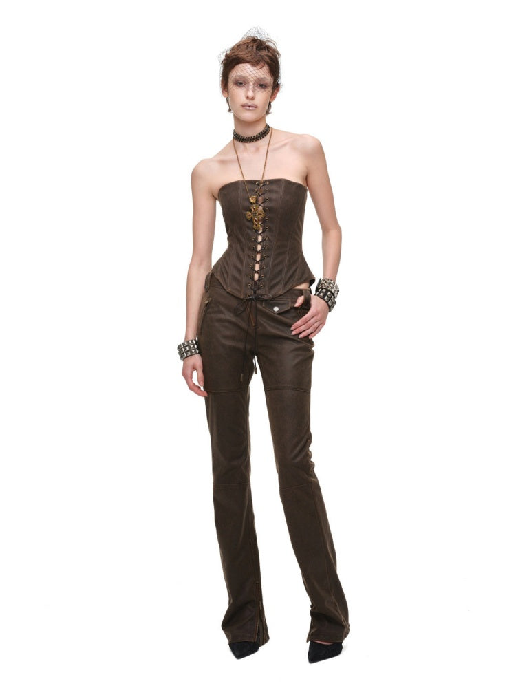 Vintage Distressed Washed Flared Slim Leather Straight-Leg Long Pants【s0000018137】