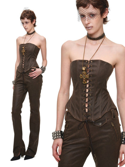 Vintage Distressed Washed Flared Slim Leather Straight-Leg Long Pants【s0000018137】