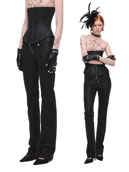Vintage Distressed Washed Flared Slim Leather Straight-Leg Long Pants【s0000018137】