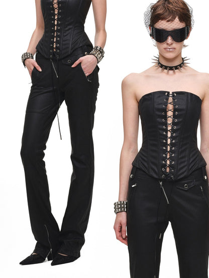 Vintage Distressed Washed Flared Slim Leather Straight-Leg Long Pants【s0000018137】