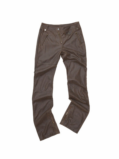 Vintage Distressed Washed Flared Slim Leather Straight-Leg Long Pants【s0000018137】