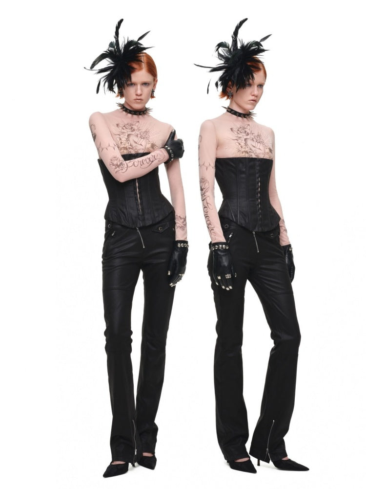 Vintage Distressed Washed Flared Slim Leather Straight-Leg Long Pants【s0000018137】