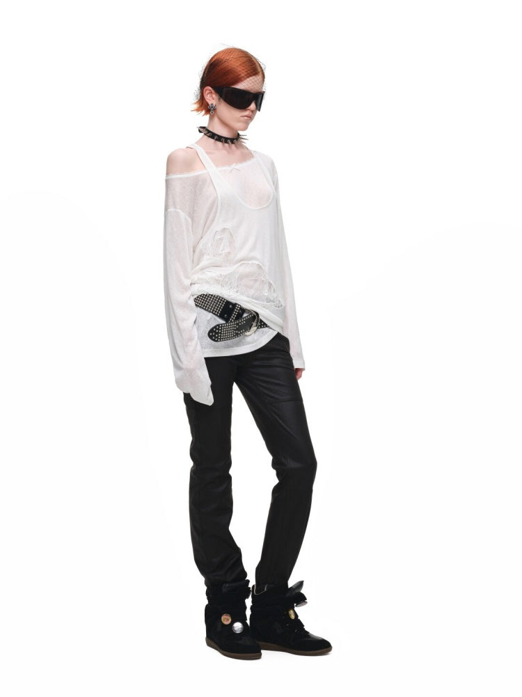 Vintage Distressed Washed Flared Slim Leather Straight-Leg Long Pants【s0000018137】