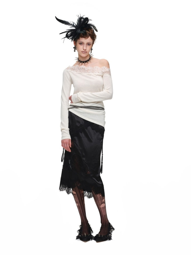 1JINN STUDIO x Snoopy Collaboration Hip-Hugging Lace Patchwork Deconstructed Satin Slim Midi Skirt【s0000018138】