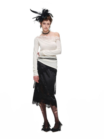 1JINN STUDIO x Snoopy Collaboration Hip-Hugging Lace Patchwork Deconstructed Satin Slim Midi Skirt【s0000018138】