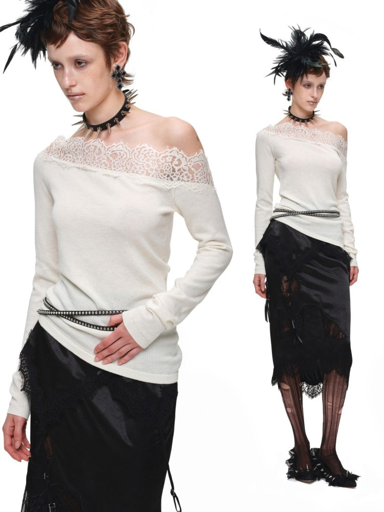 1JINN STUDIO x Snoopy Collaboration Hip-Hugging Lace Patchwork Deconstructed Satin Slim Midi Skirt【s0000018138】