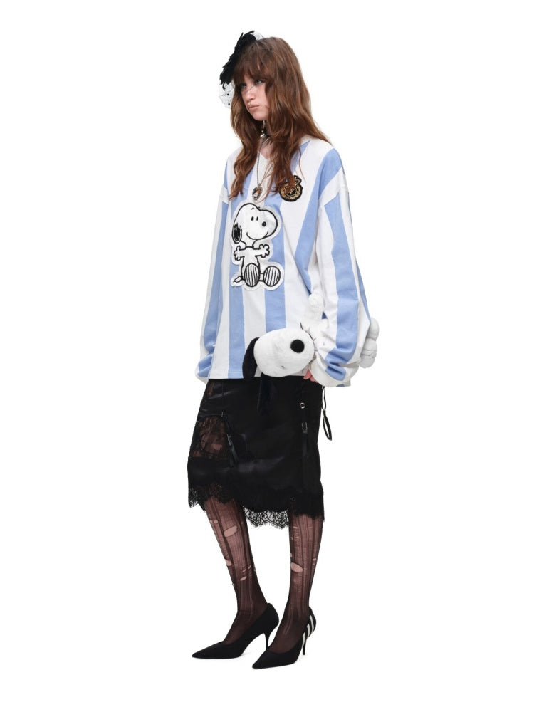 1JINN STUDIO x Snoopy Collaboration Hip-Hugging Lace Patchwork Deconstructed Satin Slim Midi Skirt【s0000018138】