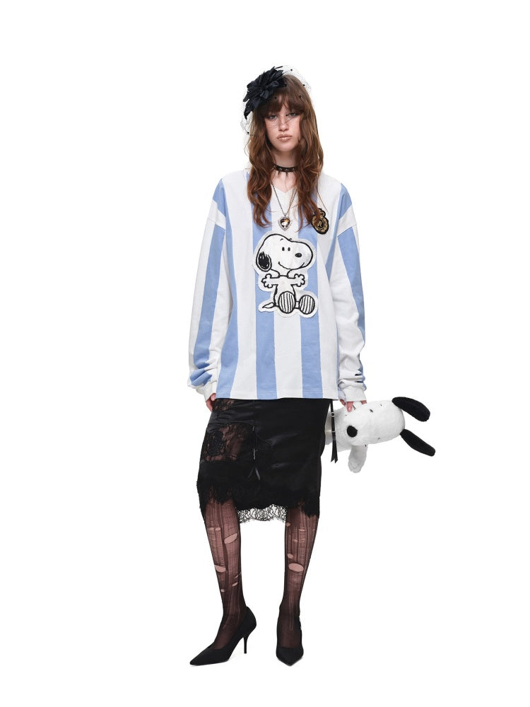 1JINN STUDIO x Snoopy Collaboration Hip-Hugging Lace Patchwork Deconstructed Satin Slim Midi Skirt【s0000018138】