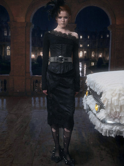 1JINN STUDIO x Snoopy Collaboration Hip-Hugging Lace Patchwork Deconstructed Satin Slim Midi Skirt【s0000018138】