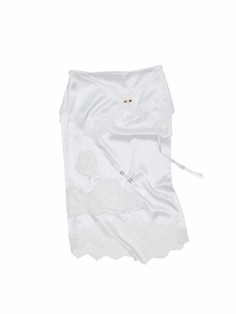 1JINN STUDIO x Snoopy Collaboration Hip-Hugging Lace Patchwork Deconstructed Satin Slim Midi Skirt【s0000018138】