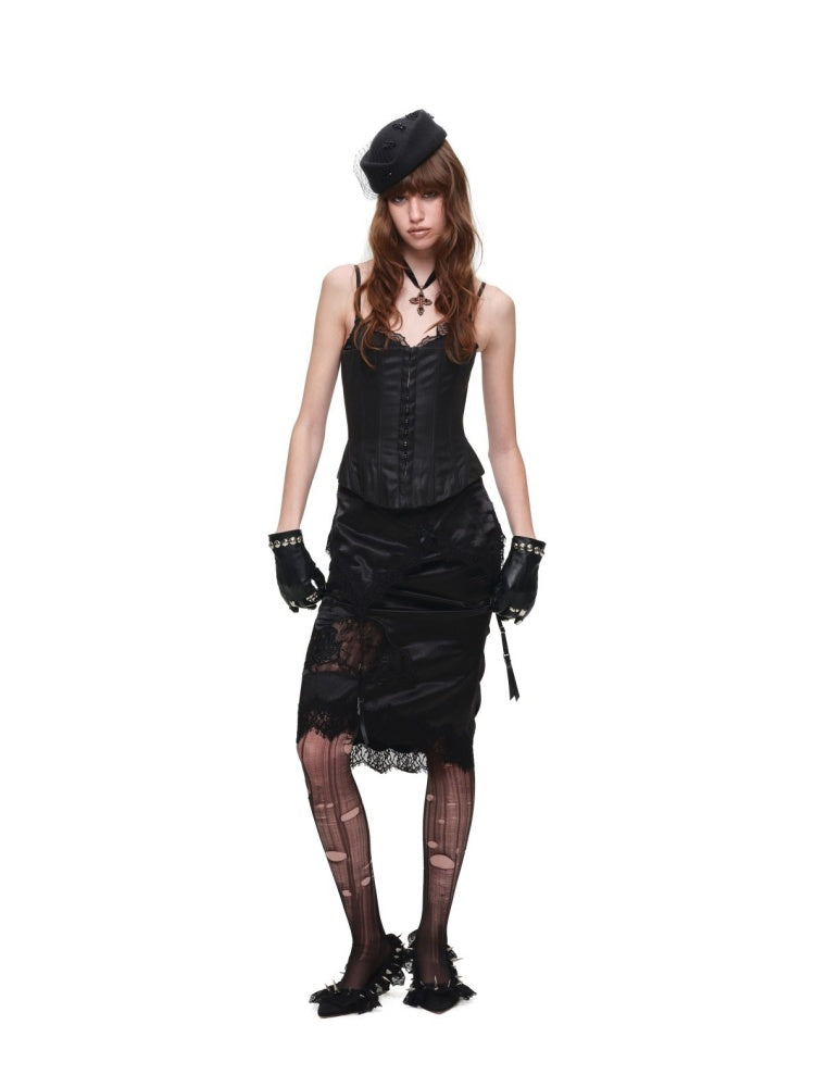 1JINN STUDIO x Snoopy Collaboration Hip-Hugging Lace Patchwork Deconstructed Satin Slim Midi Skirt【s0000018138】