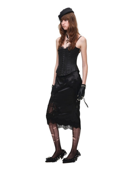 1JINN STUDIO x Snoopy Collaboration Hip-Hugging Lace Patchwork Deconstructed Satin Slim Midi Skirt【s0000018138】
