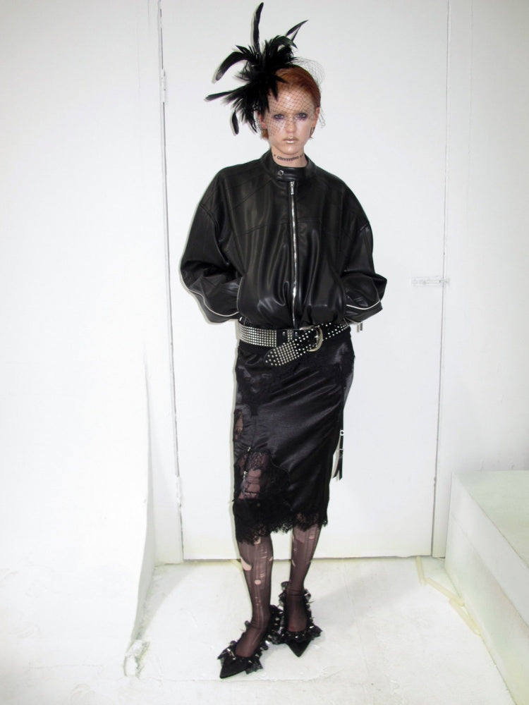 1JINN STUDIO x Snoopy Collaboration Hip-Hugging Lace Patchwork Deconstructed Satin Slim Midi Skirt【s0000018138】