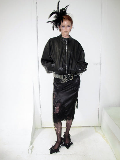 1JINN STUDIO x Snoopy Collaboration Hip-Hugging Lace Patchwork Deconstructed Satin Slim Midi Skirt【s0000018138】