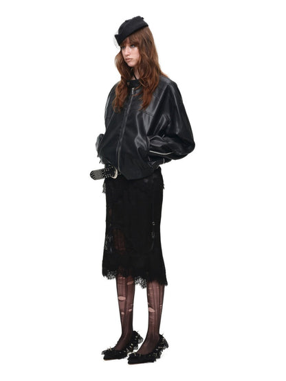 1JINN STUDIO x Snoopy Collaboration Hip-Hugging Lace Patchwork Deconstructed Satin Slim Midi Skirt【s0000018138】