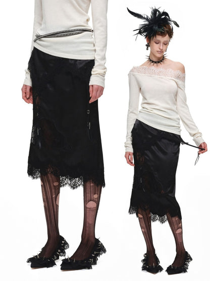 1JINN STUDIO x Snoopy Collaboration Hip-Hugging Lace Patchwork Deconstructed Satin Slim Midi Skirt【s0000018138】