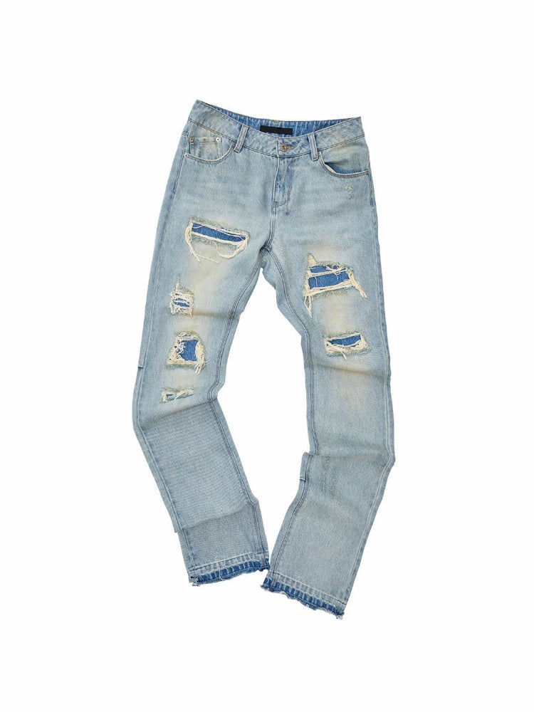 Vintage Double-Layer HeavyWeight Slim Straight-Leg Distressed Jeans【s0000018139】