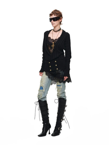 Vintage Double-Layer HeavyWeight Slim Straight-Leg Distressed Jeans【s0000018139】