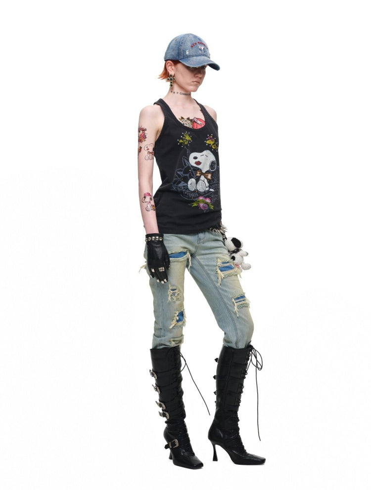 Vintage Double-Layer HeavyWeight Slim Straight-Leg Distressed Jeans【s0000018139】