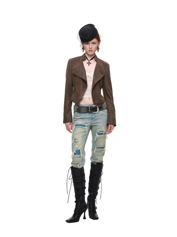 Vintage Double-Layer HeavyWeight Slim Straight-Leg Distressed Jeans【s0000018139】