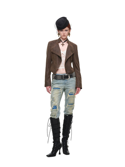 Vintage Double-Layer HeavyWeight Slim Straight-Leg Distressed Jeans【s0000018139】