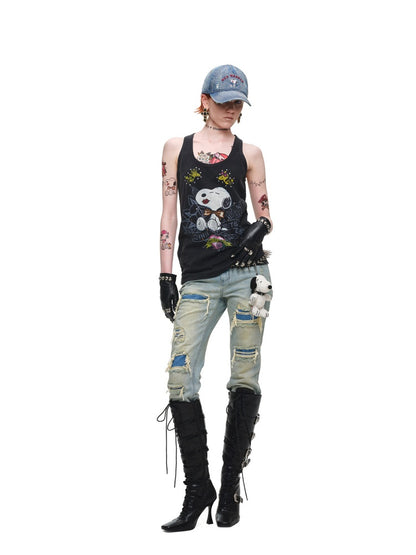 Vintage Double-Layer HeavyWeight Slim Straight-Leg Distressed Jeans【s0000018139】