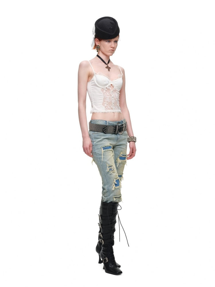 Vintage Double-Layer HeavyWeight Slim Straight-Leg Distressed Jeans【s0000018139】