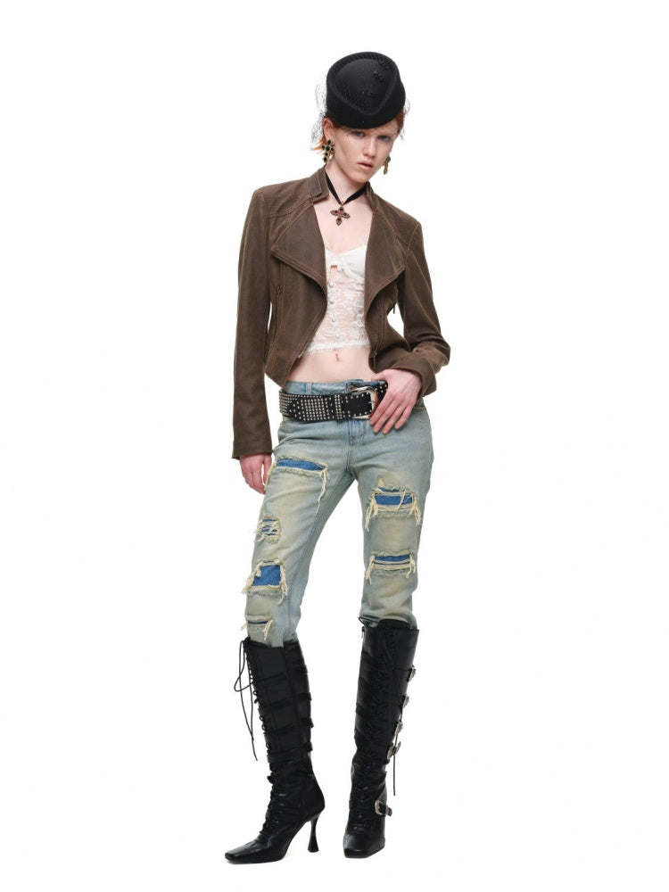 Vintage Double-Layer HeavyWeight Slim Straight-Leg Distressed Jeans【s0000018139】