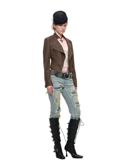 Vintage Double-Layer HeavyWeight Slim Straight-Leg Distressed Jeans【s0000018139】