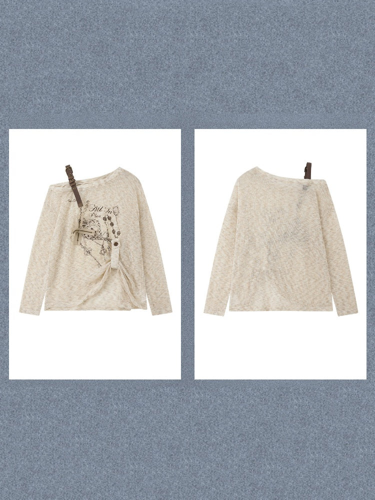 Asymmetrical Shoulder Pullover Light Yarn Slightly Sheer Thin Long Sleeve Tops 【s0000018149】