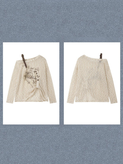 Asymmetrical Shoulder Pullover Light Yarn Slightly Sheer Thin Long Sleeve Tops 【s0000018149】