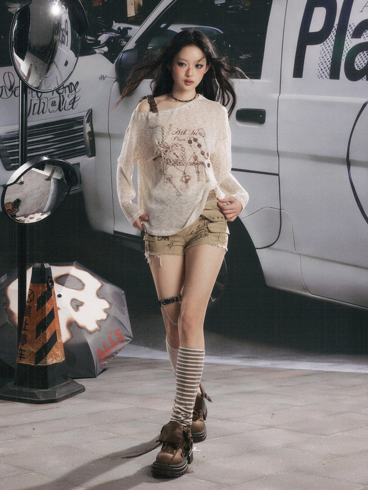 Asymmetrical Shoulder Pullover Light Yarn Slightly Sheer Thin Long Sleeve Tops 【s0000018149】