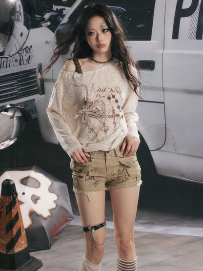 Asymmetrical Shoulder Pullover Light Yarn Slightly Sheer Thin Long Sleeve Tops 【s0000018149】