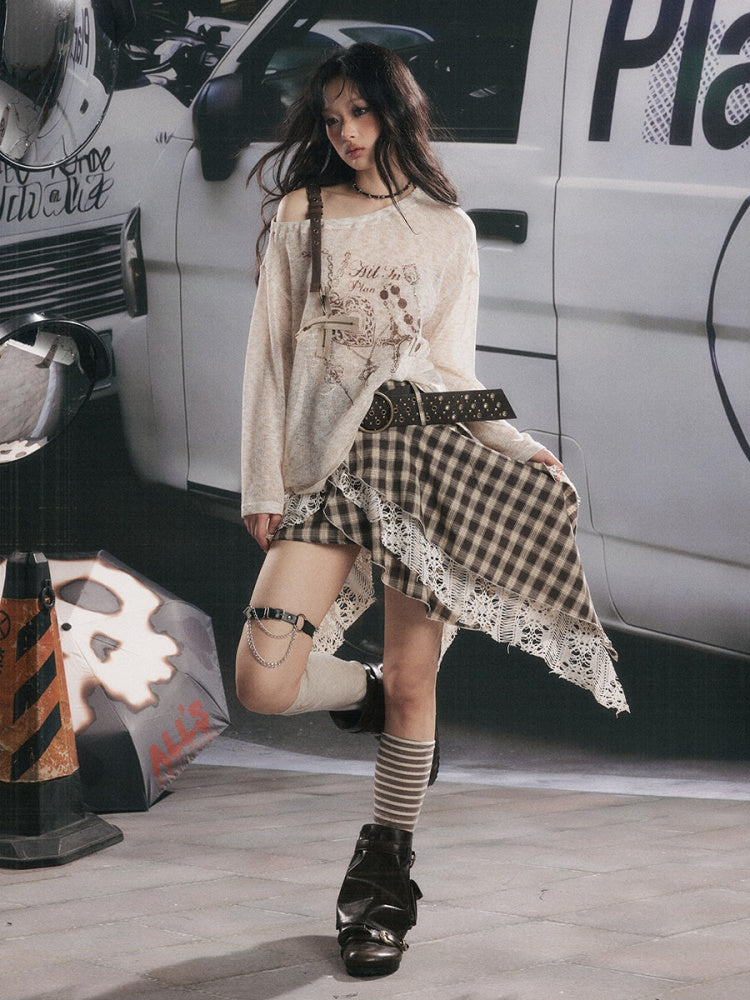 Asymmetrical Shoulder Pullover Light Yarn Slightly Sheer Thin Long Sleeve Tops 【s0000018149】