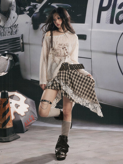 Asymmetrical Shoulder Pullover Light Yarn Slightly Sheer Thin Long Sleeve Tops 【s0000018149】