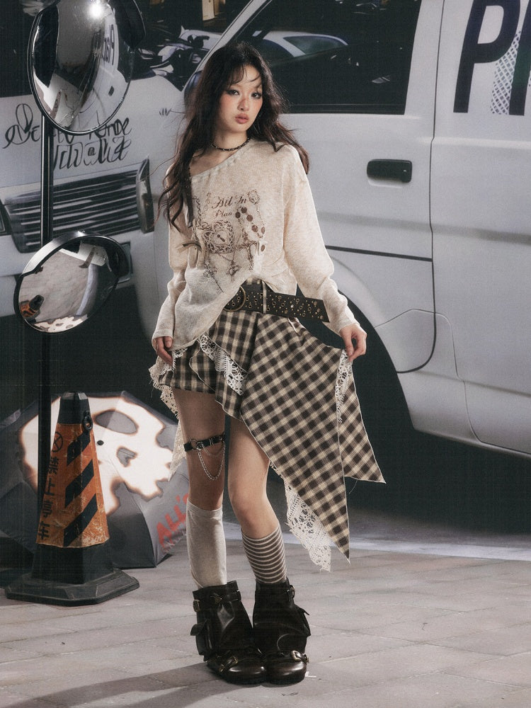 Asymmetrical Shoulder Pullover Light Yarn Slightly Sheer Thin Long Sleeve Tops 【s0000018149】