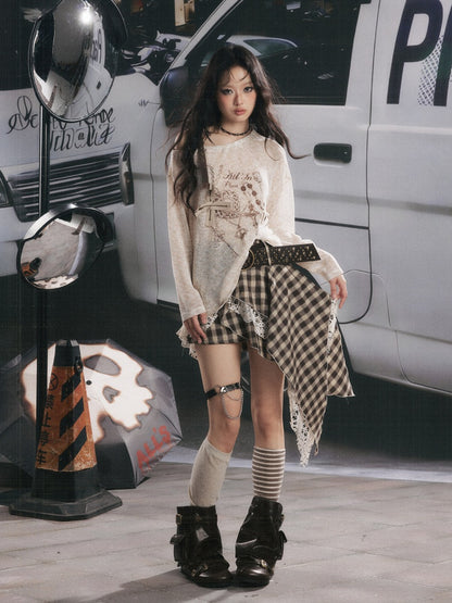 Asymmetrical Shoulder Pullover Light Yarn Slightly Sheer Thin Long Sleeve Tops 【s0000018149】