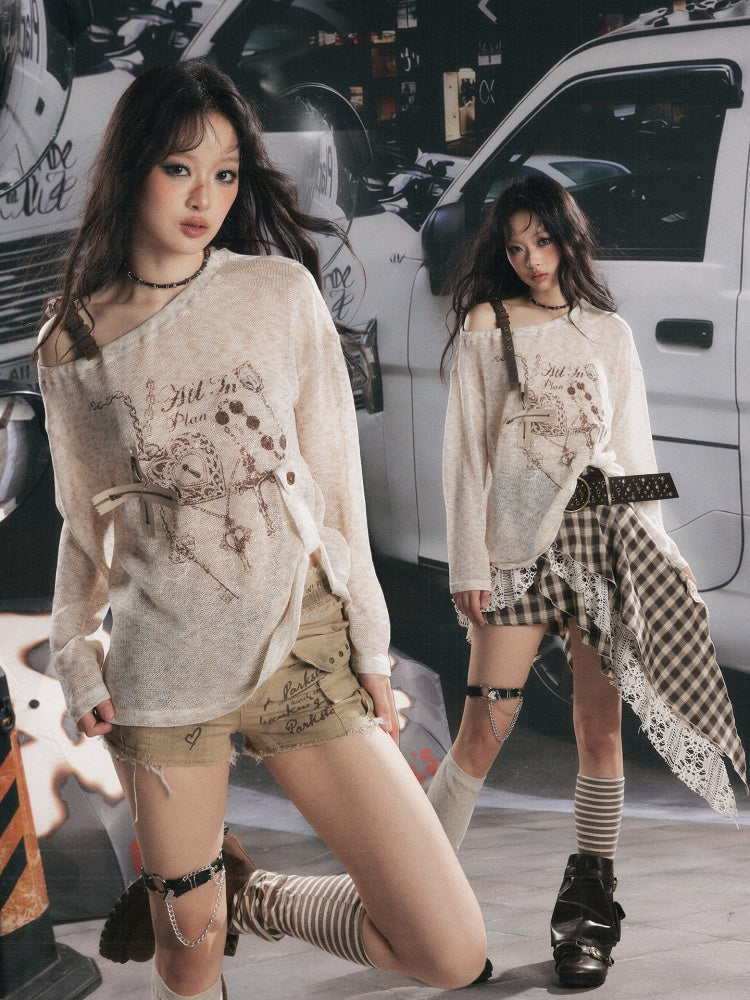 Asymmetrical Shoulder Pullover Light Yarn Slightly Sheer Thin Long Sleeve Tops 【s0000018149】