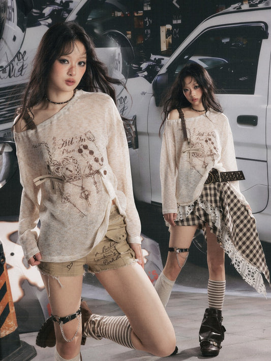 Asymmetrical Shoulder Pullover Light Yarn Slightly Sheer Thin Long Sleeve Tops 【s0000018149】