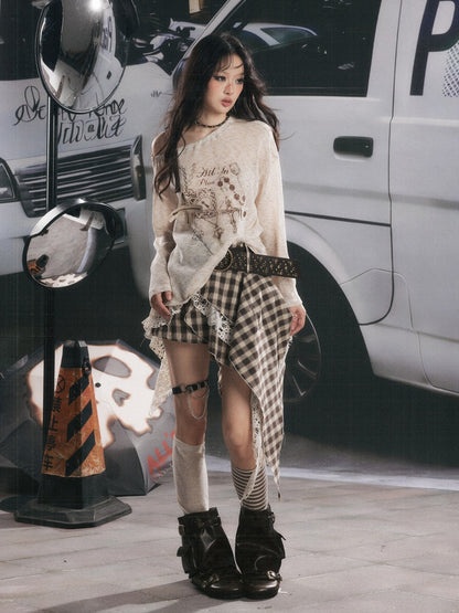 Asymmetrical Shoulder Pullover Light Yarn Slightly Sheer Thin Long Sleeve Tops 【s0000018149】