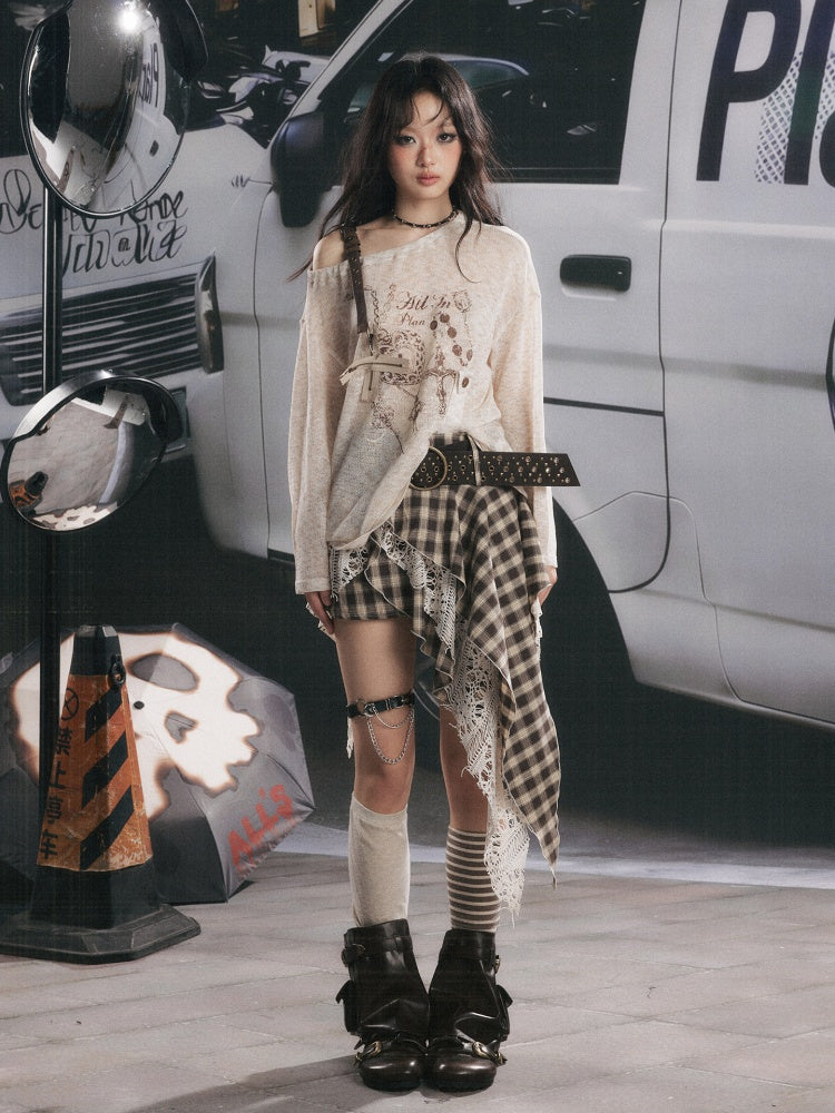 Asymmetrical Shoulder Pullover Light Yarn Slightly Sheer Thin Long Sleeve Tops 【s0000018149】